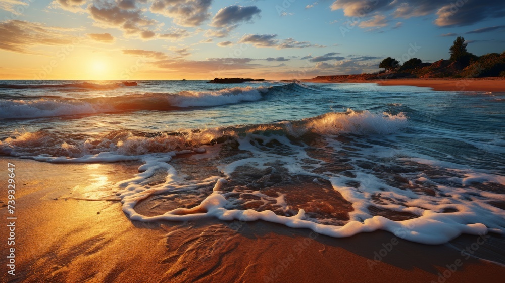 A deserted beach at dusk, the gentle waves caressing the shore, the colors of the sunset reflecting