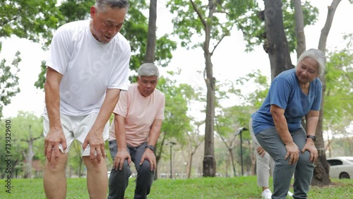 Group of elderly Asians exercising outdoors in a garden outside. They warm up before exercising. Health care. Elderly society. sports concept