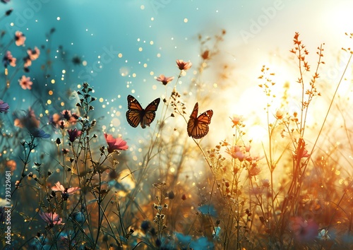 Watercolor butterfly on wildflowers in spring  © Asif