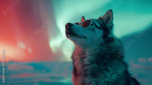 Futuristic Dog Wearing Sunglasses Gazing at the Northern Lights
