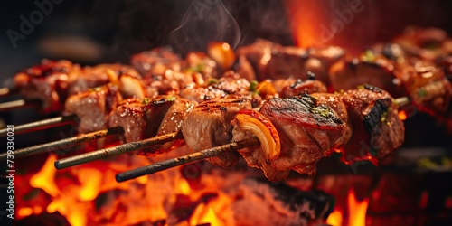Stick of meat chicken pork bbq grilled kebab skewers food barbecued with flame fire decoration scene