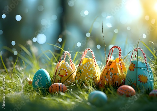 Colorful decorated easter eggs on spring fresh grass