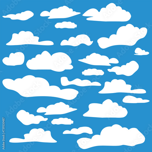 Fototapeta Naklejka Na Ścianę i Meble -  Clouds are isolated on a blue background. Simple cute cartoon design. A collection of icons or logos. Realistic elements. Vector illustration of a flat style. Vector collection of bright clouds.
