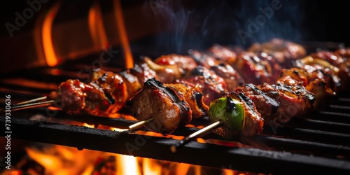 Stick of meat chicken pork bbq grilled kebab skewers food barbecued with flame fire decoration scene