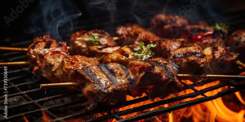 Wallpaper Mural Stick of meat chicken pork bbq grilled kebab skewers  food barbecued with flame fire decoration scene Torontodigital.ca