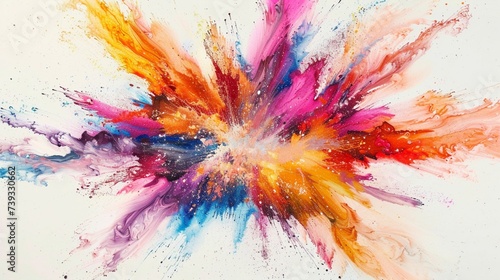 An explosion of vibrant hues frozen in time, dispersing in all directions against a clean white canvas, capturing the beauty and chaos of the moment