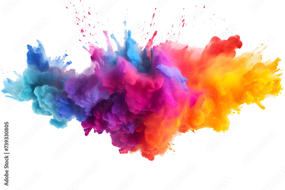A vibrant eruption of mixed rainbow powder, isolated on a white backdrop.