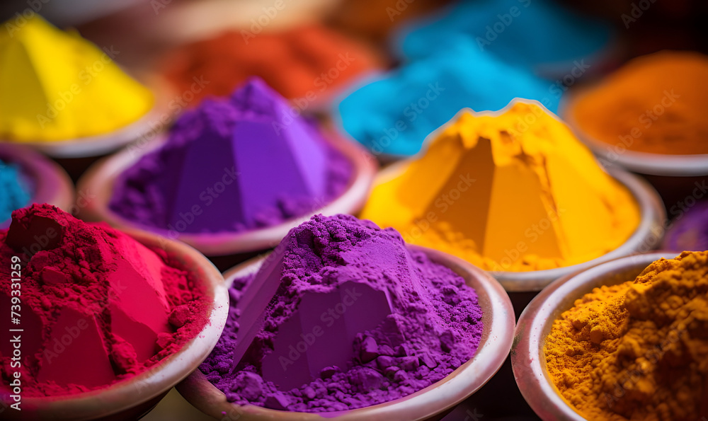 An image of the rainbow-symbolizing Holi multicolored gulal powders up close An image of the rainbow-symbolizing Holi multicolored gulal powders up close