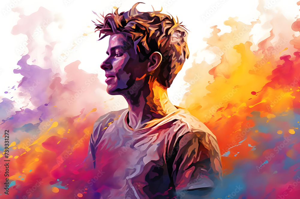 Traveling silhouette of a young man in a flurry of vibrant colors during Holi Traveling silhouette of a young man in a flurry of vibrant colors during Holi
