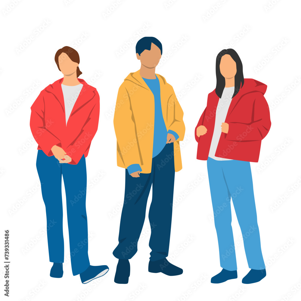  Set of young man and two women , different colors, cartoon character, group of silhouettes of standing business people, students, design concept of flat icon, isolated on white background