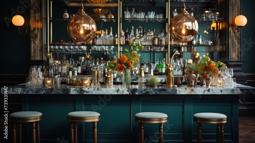A sophisticated city bar, elegant counter with premium spirits displayed, ambient lighting casting a