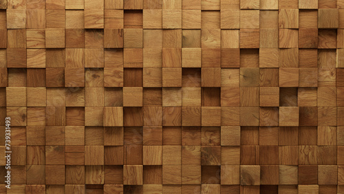 3D Tiles arranged to create a Natural wall. Timber, Square Background formed from Wood blocks. 3D Render photo