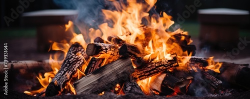 Close up photo of fire pit with blurred background. Fire pit theme