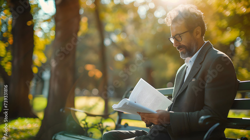 A businessman reviewing legal documents on a park bench during a brief outdoor break combining work with a moment of tranquility. photo