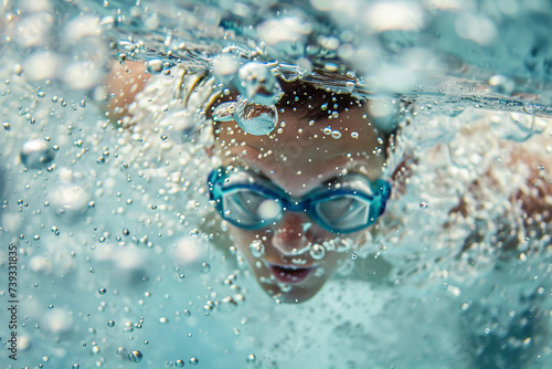 Abstract capture of bubbles trailing behind the swimmer's powerful strokes, minimalistic style,