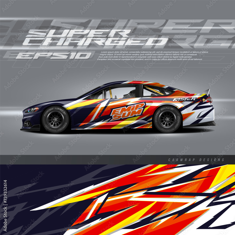 Racing car wrap design vector. Graphic abstract stripe racing grunge background kit designs for wrap vehicle, race car, rally, adventure and livery