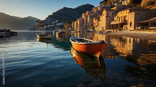 A quaint traditional fishing village at sunrise, small wooden boats moored in the harbor, colorful h