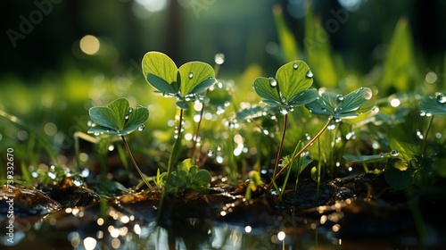 A serene meadow bathed in the soft light of the morning sun, dewdrops sparkling on the lush green gr