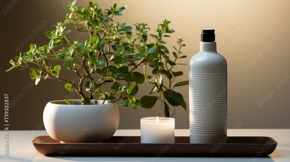 A minimalist setup of yoga and meditation items, such as a simple mat and a small plant, on a white A minimalist setup of yoga and meditation items, such as a simple mat and a small plant, on a white