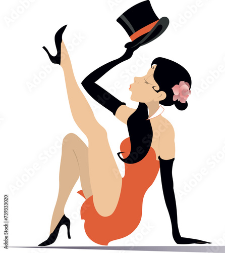 Cabaret girl holding a top hat.
Sexy young woman in the red dress and black gloves holds a top hat in the hand. Isolated on white background
