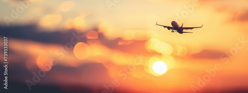 A plane flying through a sunset sky, in the style of modern, bokeh panorama. © Suwanlee