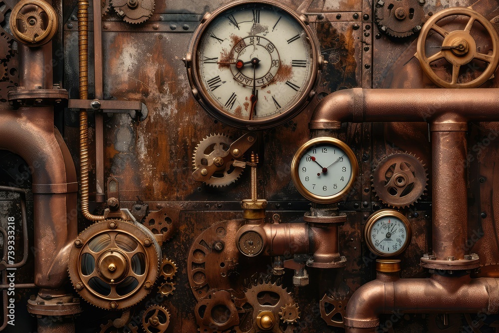 A steampunk style with gears pipes and clocks. A steampunk style with gears pipes and clocks.