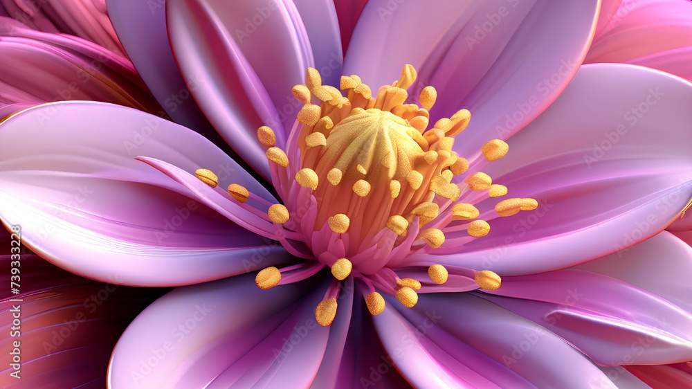Obraz premium A flower with petals and stamens, in shades of pink and yellow, a 3d rendering 