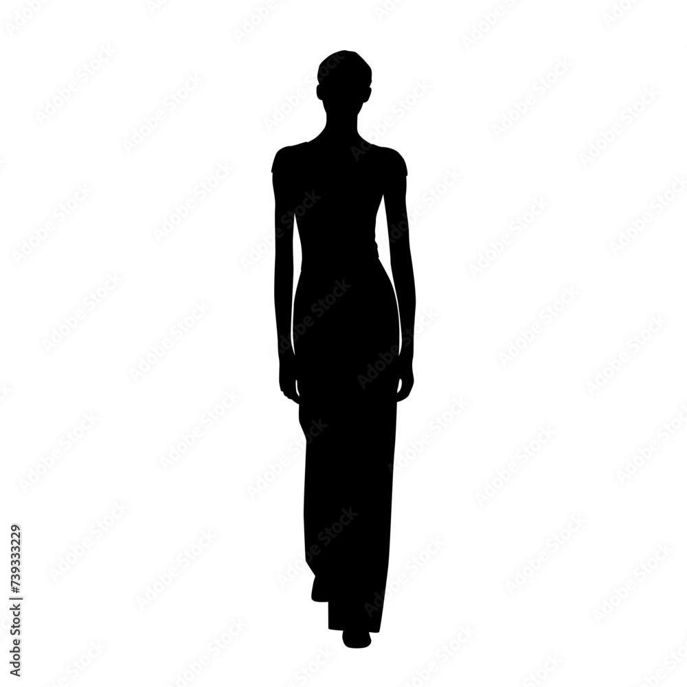 Vector silhouette of a young attractive slender woman, walking, black color, isolated on a white background