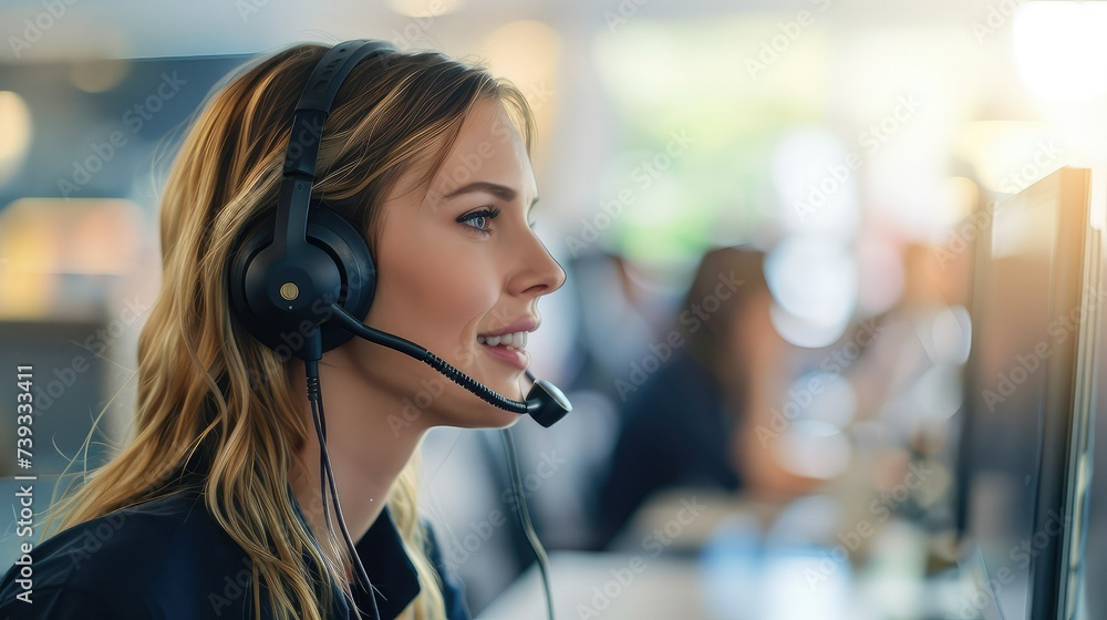 A women wearing a headset and talking on a phone in a call. Helpdesk call-center service operator A women wearing a headset and talking on a phone in a call. Helpdesk call-center service operator