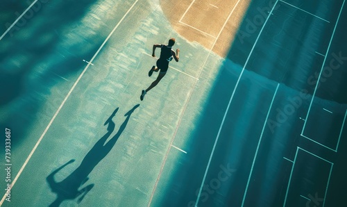 An athlete on a green track running to beat in, in the style of installation creator, light sky-blue and dark gold. photo