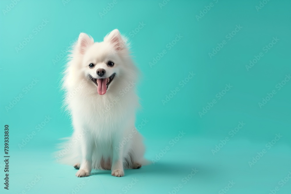 A white Pomeranian dog is sitting, photo on a blue background. Studio photo with a dog. Copy space.