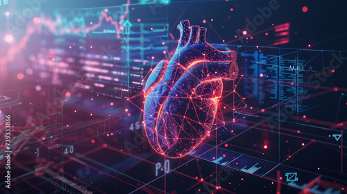 holographic human heart with digital graph, Medical innovation photo