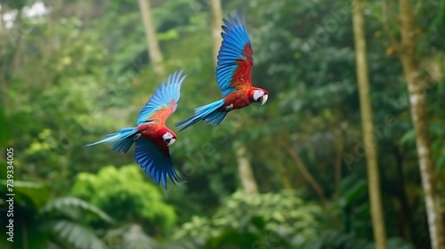 vector illustration Beautiful Scarlet macaw parrot flying in the wild on a green forest background