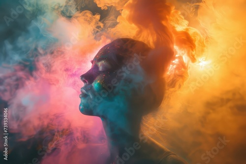 Colorful powder portrait of kolata with colorful powder, in the style of cosmic abstraction, smokey background
