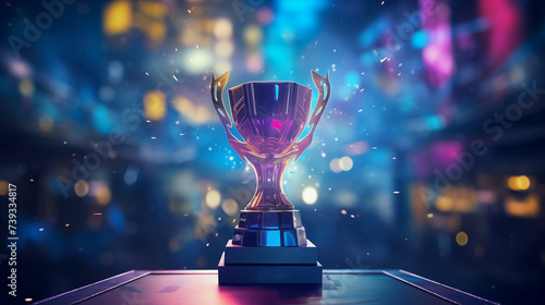 Trophy cup award on blurry colorful background with particles photo