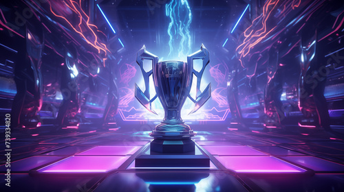Esports futuristic trophy on neon cyberpunk lights