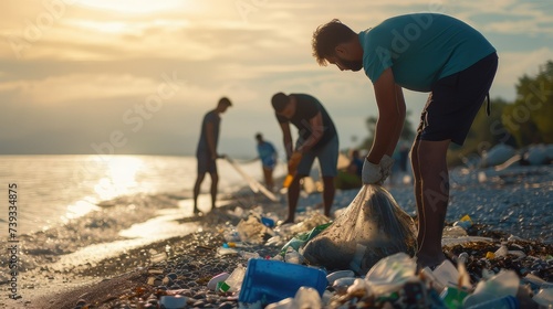 Group of people collecting garbage on beach. photo