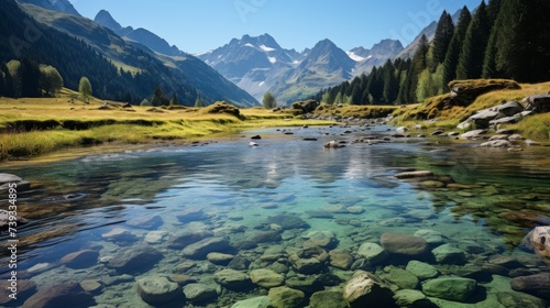 A crystal-clear mountain river winding through a lush valley, the water sparkling under the sunlight