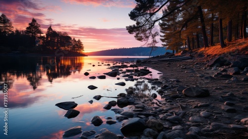 A serene lakeside at twilight, the water a mirror reflecting the fading light and colors of the sky,