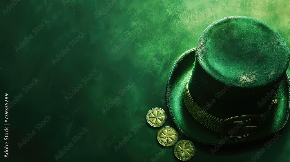 Leprechauns hat with three coins, in the style of minimalist background.