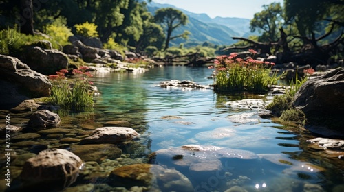 A gentle waterfall in a serene mountain setting, the sound of the water a soothing presence, wildflo © ProVector
