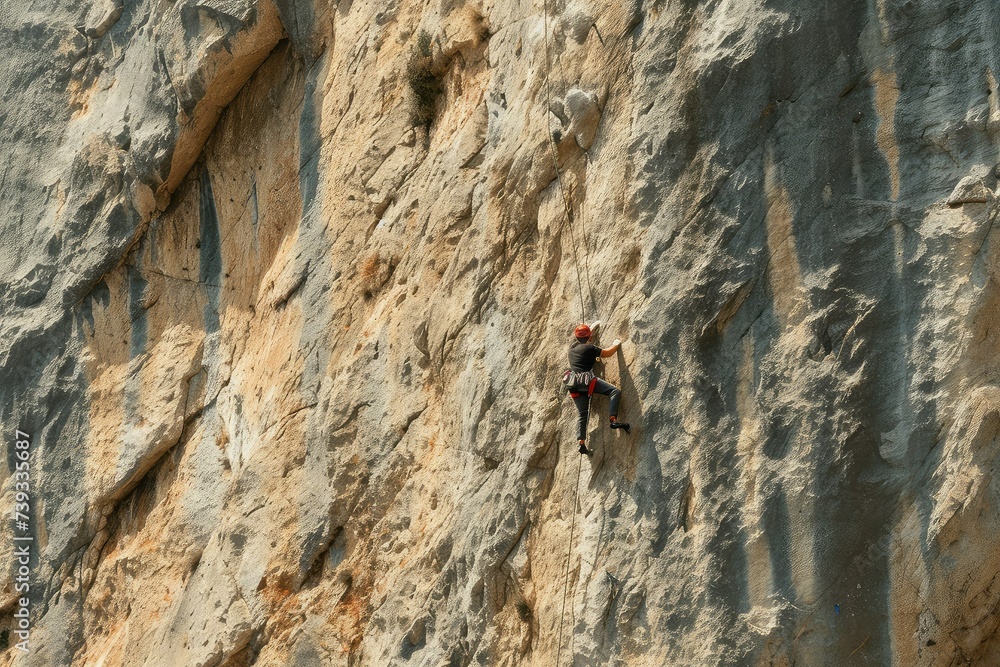 Rock Climbing Challenge: A Climber Scaling a Sheer Cliff Face. Rock Climbing Challenge: A Climber Scaling a Sheer Cliff Face.