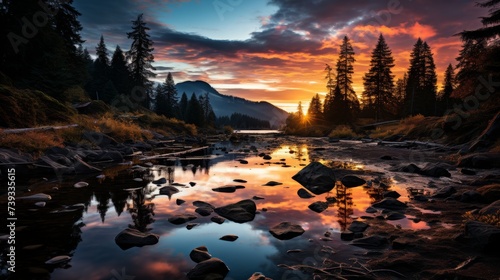 A serene alpine lake at sunset  the sky ablaze with colors  the silhouettes of pine trees framing th