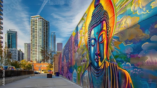 In a contemporary cityscape diverse cultures blend where a vivid mural of Buddha unfolds a dramatic tale