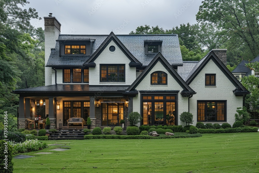 A stunning farmhouse with a spacious yard, surrounded by lush greenery and a clear blue sky, boasts a charming porch and elegant architecture A stunning farmhouse with a spacious yard, surrounded by lush greenery and a clear blue sky, boasts a charming porch and elegant architecture