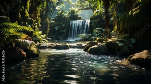 A secluded waterfall hidden in a tropical jungle, the sunlight filtering through the dense canopy, i