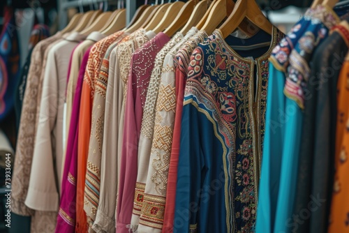 Women's traditional Muslim clothing is hung on hangers in a row to be sold in an Islamic fashion clothing shop photo