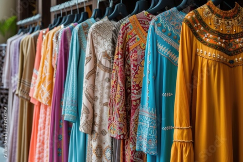 Women's traditional Muslim clothes are hung on hangers in rows © alauli