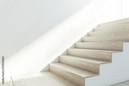 Simple oak stairs, modern, open stairs, swedish style, uniform white light background.