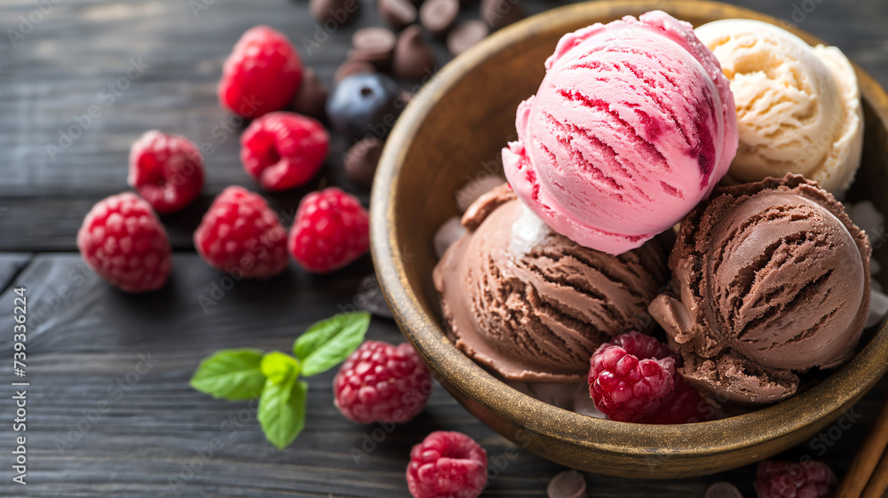 Scoops of chocolate and raspberry ice cream with fresh berries representing dessert, indulgence, sweetness, and refreshment. Scoops of chocolate and raspberry ice cream with fresh berries representing dessert, indulgence, sweetness, and refreshment.